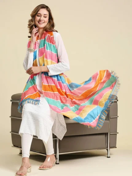 Pastel Multicolored Striped Printed Art Silk Crushed Dupatta