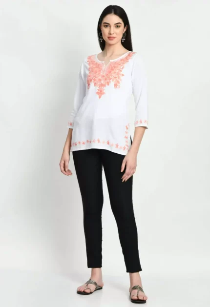 White Kashmiri Embroidered Short Kurti